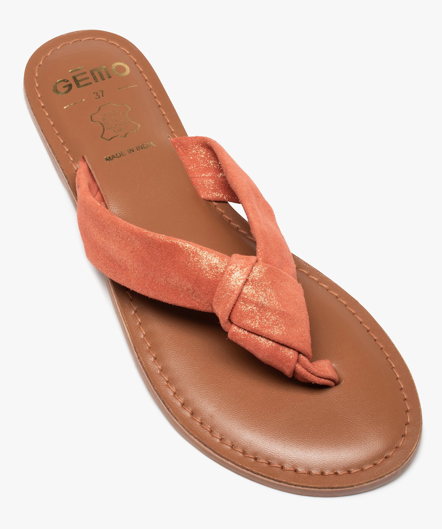 Tongs femme à large bride en cuir finement pailleté orange | GEMO