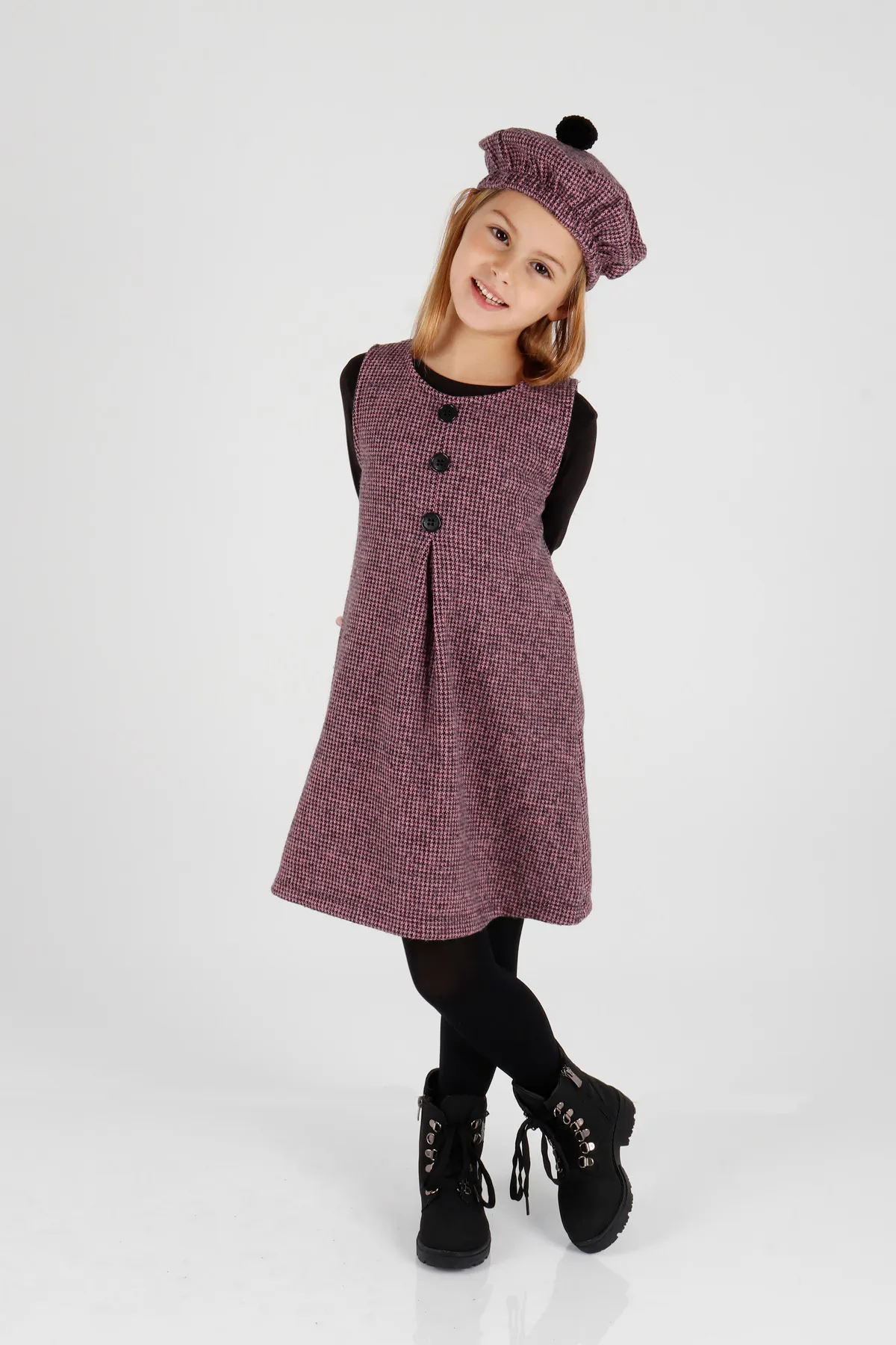 AHENGİM  Mädchen Hat Badili Kleid 3-teiliges Set Knopfdetailliert Ak2403