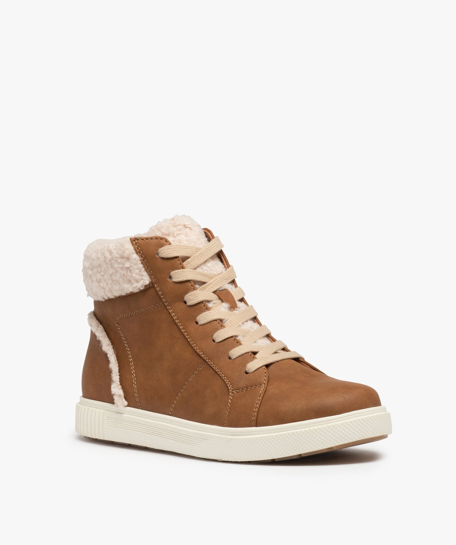 Baskets femme mid-cut unies à col sherpa marron | GEMO