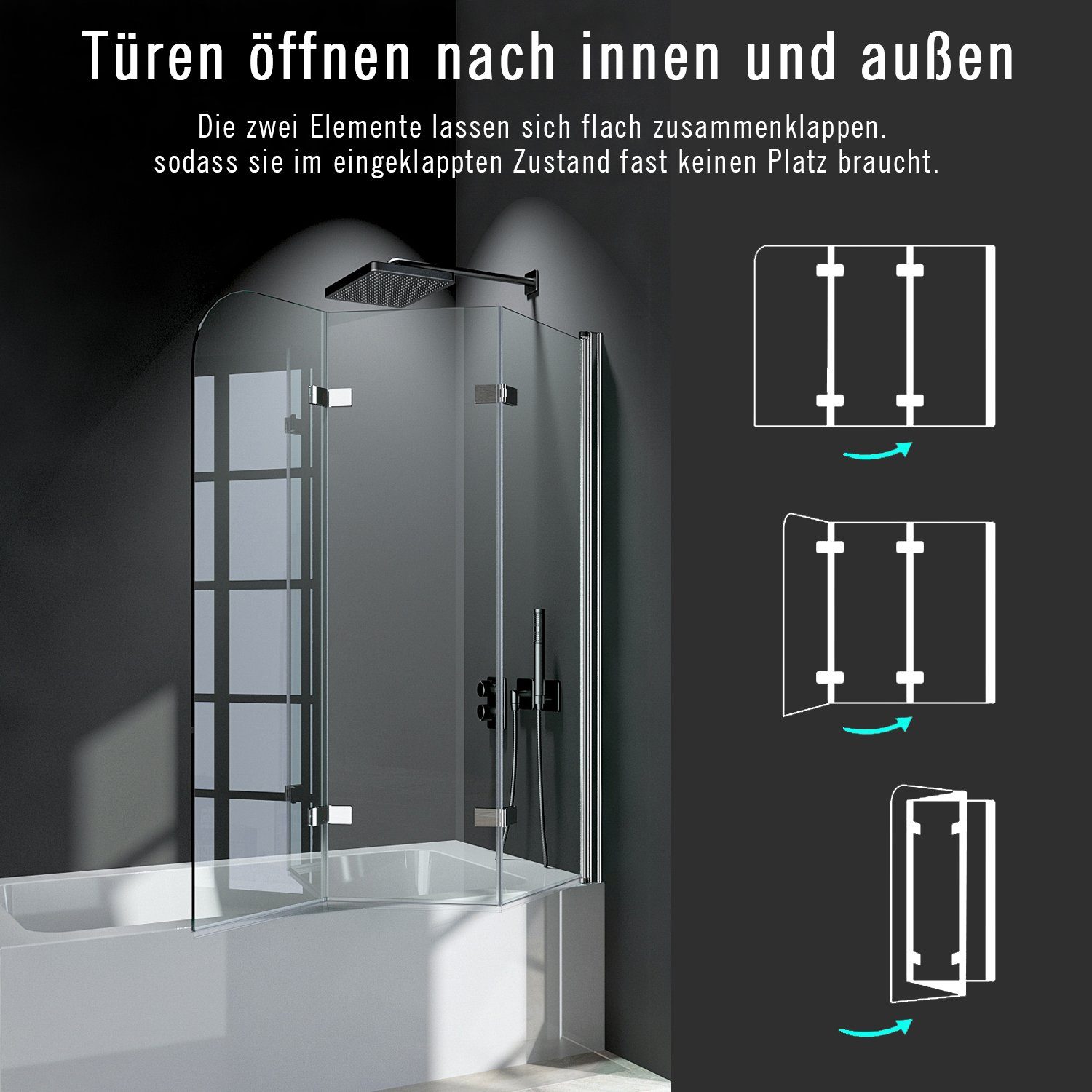 Boromal Badewannenaufsatz Duschwand Badewanne Schwarz 130cm 3-teilig Faltbar Badewannenfaltwand, (Klarglas /Teilsatiniert glas), Badewannenfaltwand Glaswand 6mm ESG Glas