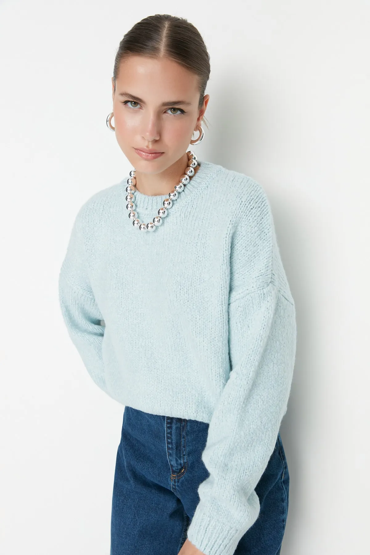 Trendyol Collection  Mintfarbener, weicher, strukturierter Basic-Strickpullover mit weiter Passform TWOAW23KZ00185