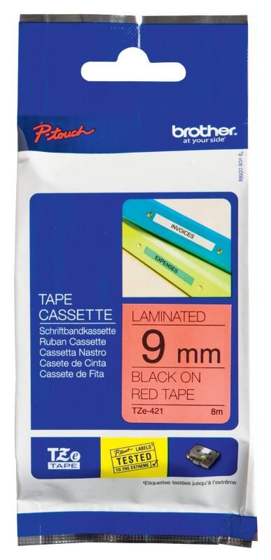 Brother TZe-421 Authentic Schriftband Selbstklebend Schwarzer Druck auf Red 9 mm x 8m