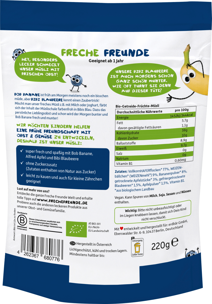 Kindermüsli Banane, Apfel & Blaubeere ab 1 Jahr, 220 g