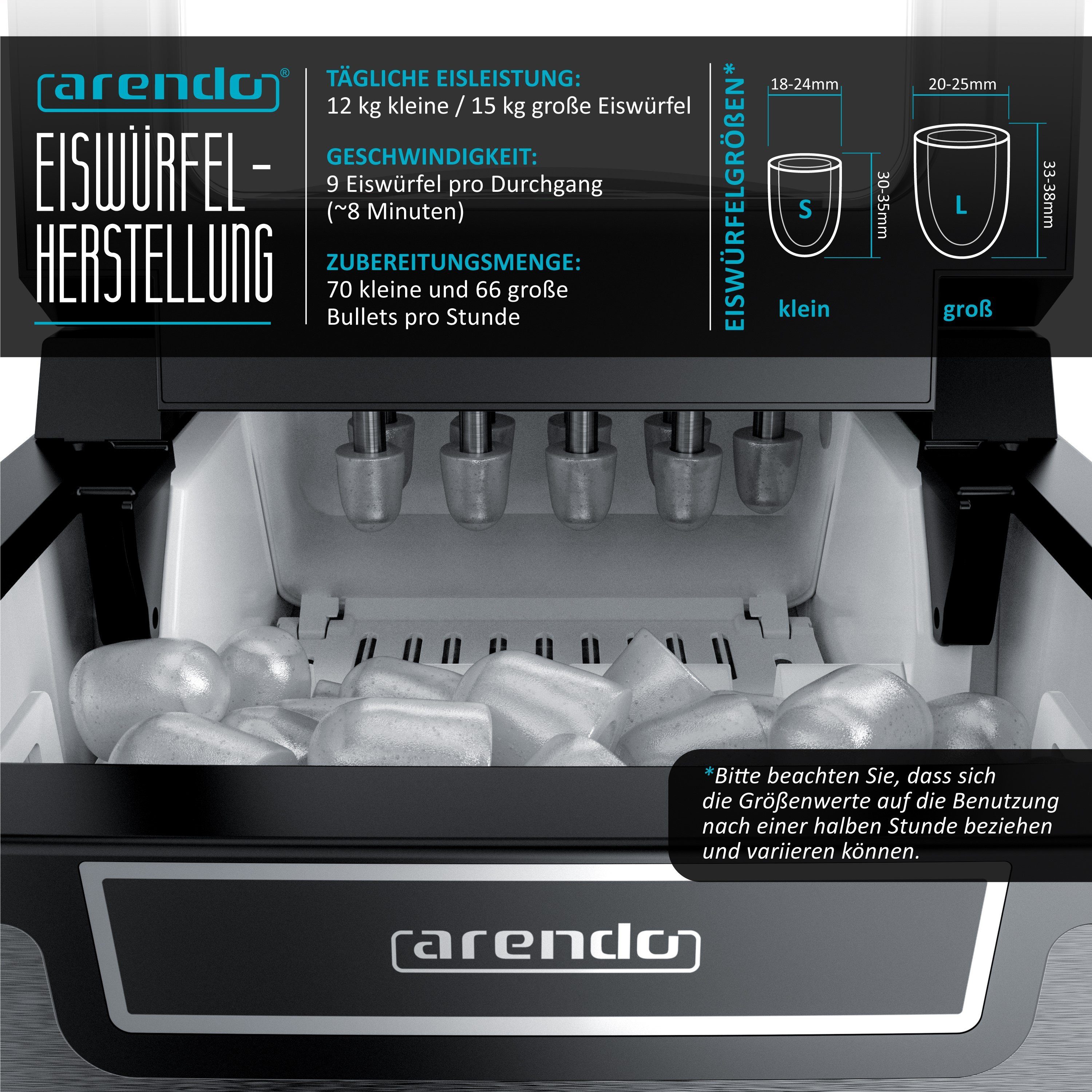 Arendo Eiswürfelmaschine, 1,8 Liter Eiswürfelbereiter, 9 Eiswürfel in 8 Minuten, 105W