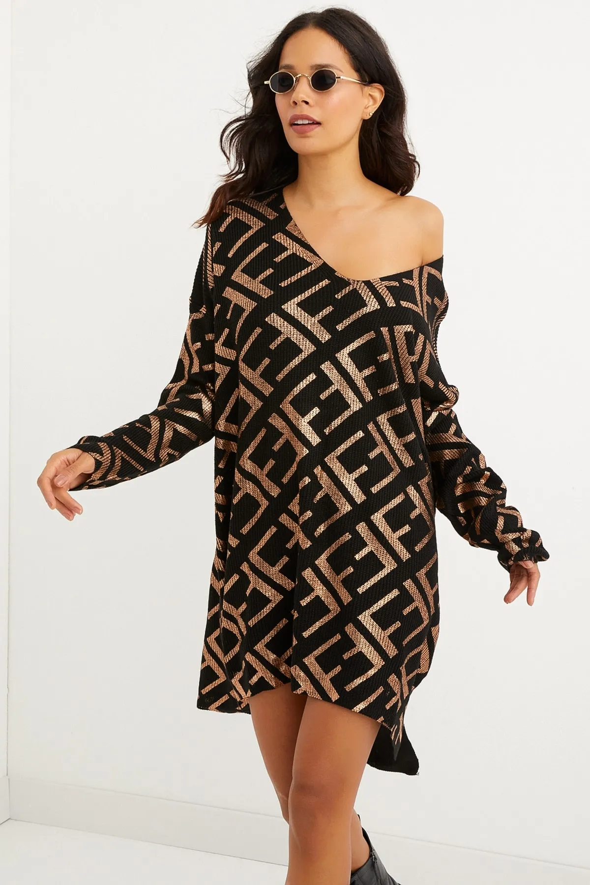 Cool & Sexy  Schwarz-goldblättriges Strick-Tunikakleid für Damen TD122