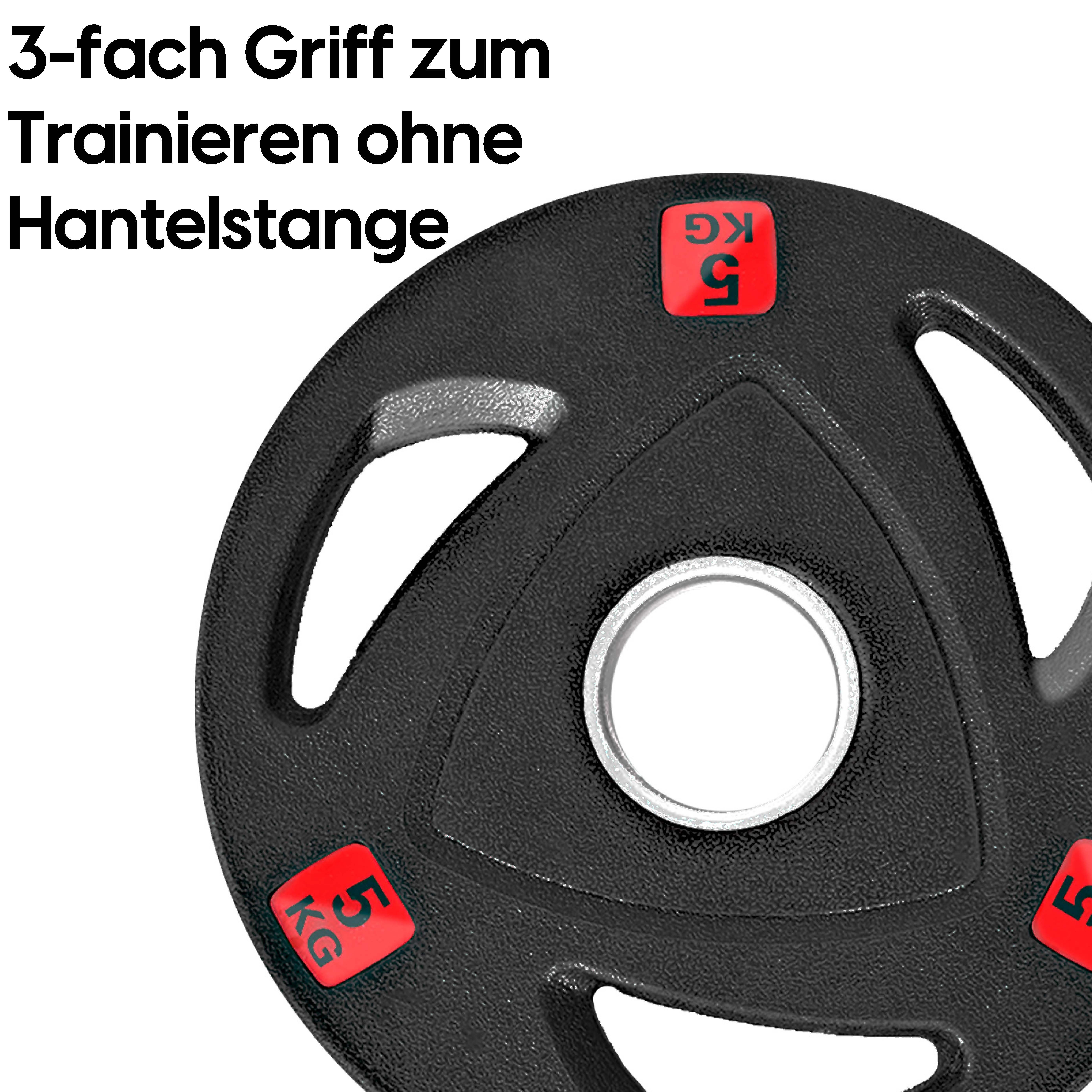 wuuhoo Hantelscheibe Olympische Hantelscheiben Ray 50mm, 2er Set I Weight Plates gummiert mit Stahlkern I Langhantelgewichte mit Griffen und Stahlbuchse I schwarz mit Gewichtsangabe