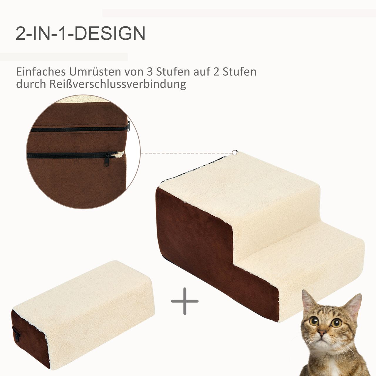 PawHut Hundetreppe Katzentreppe Einstiegshilfe 3 Stufen Haustier Plüsch Beige