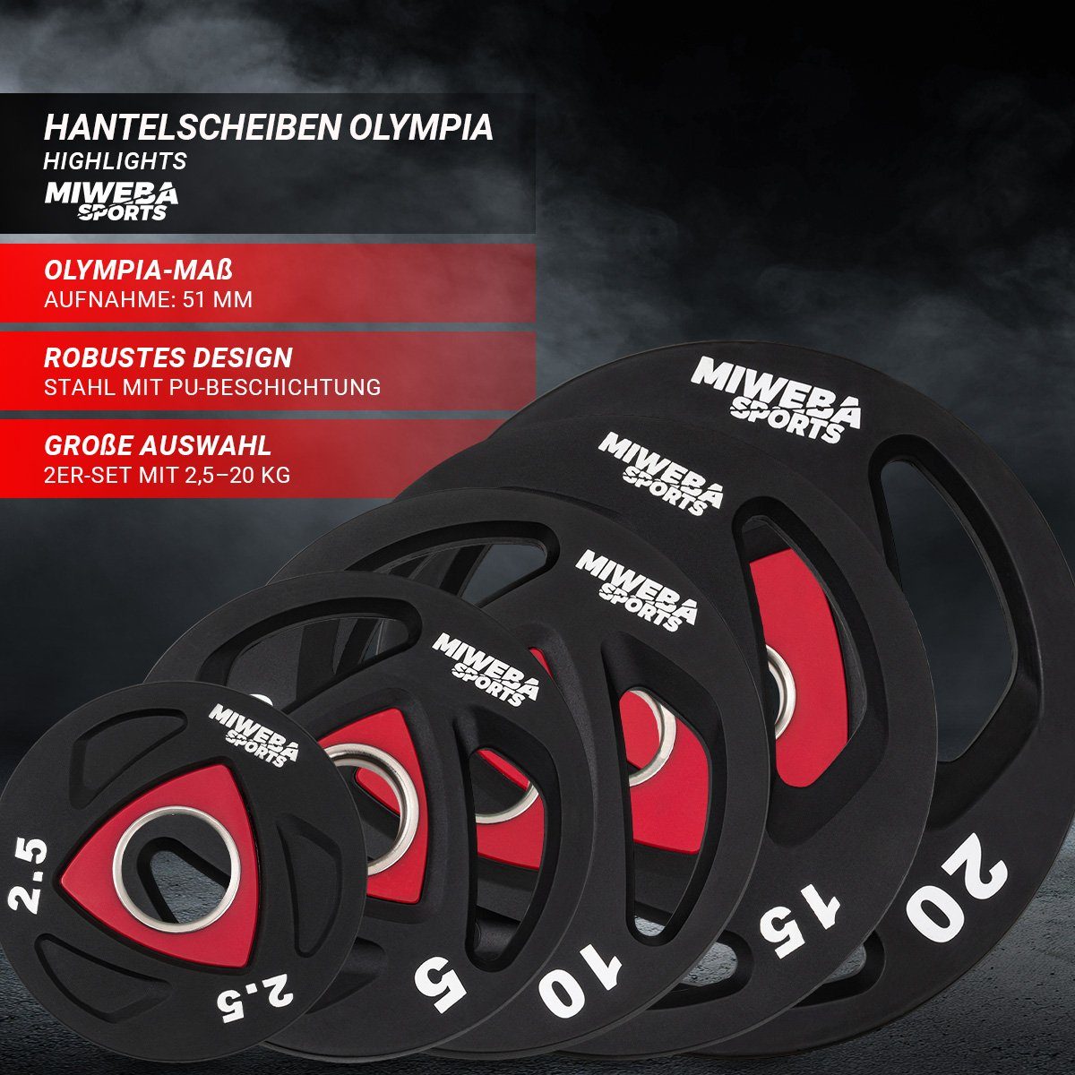 Miweba Sports Hantelscheiben Olympia Hantelscheiben Set - 2.5 - 20.0 kg, 5 kg, (2er-Set, Hantelscheibenset, Hantel Gewichte Set, Gewicht Scheiben, Muskelaufbau, Workout, Training, Ganzkörpertraining, 2-tlg., 2 x 2.5 kg, Ø 50/51 mm, Stahl), Gewicht Sc