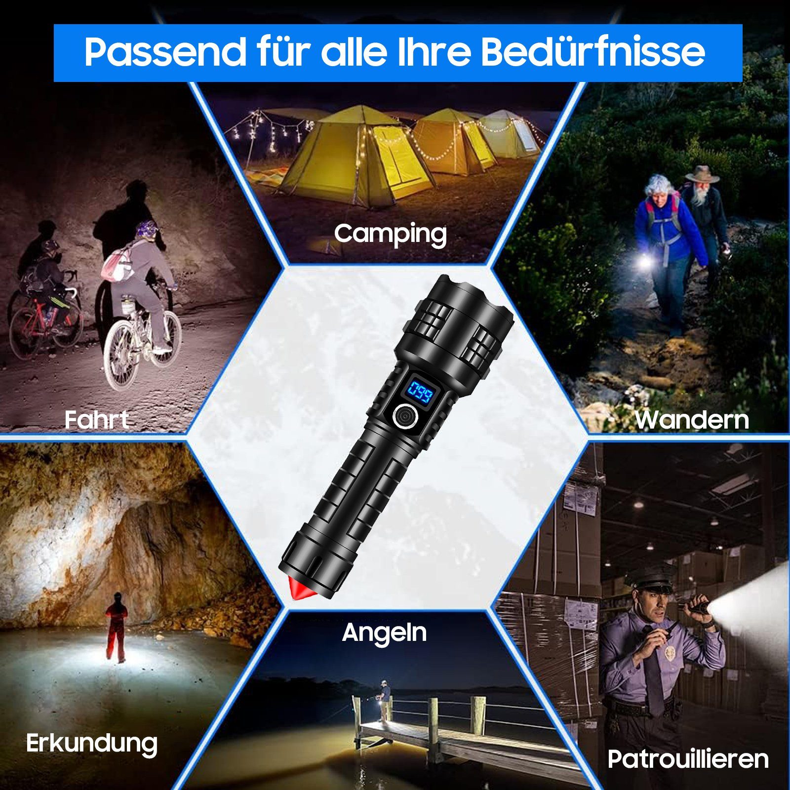 Sintech Taschenlampe Taschenlampe LED, 5 Modi Extrem Hell LED Taschenlampe Aufladbar (Leistungsstarke Handtaschenlampe für Camping), Mit Sicherheitshammer, Zoombar, wasserdicht, 5 Modi