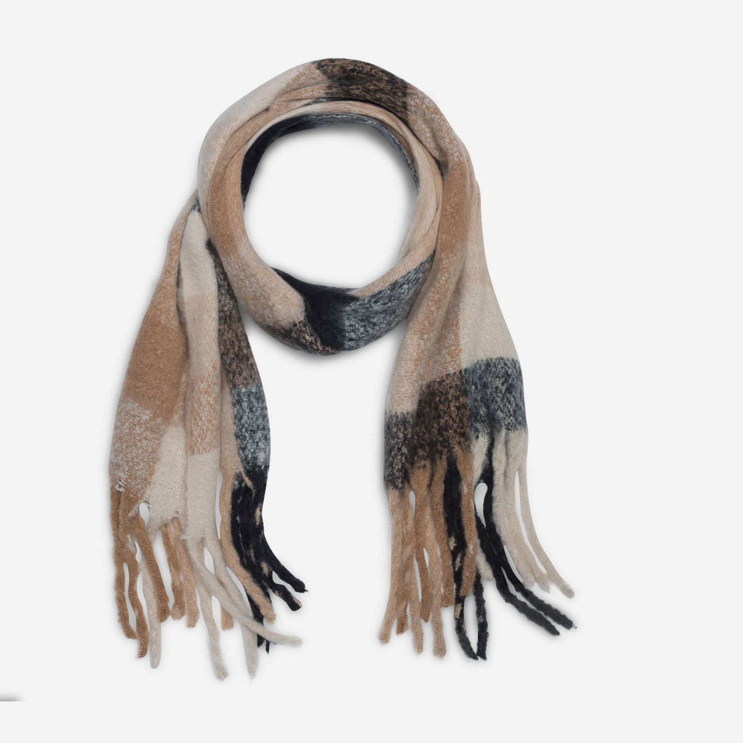 Grande écharpe beige à carreaux noirs et écrus
