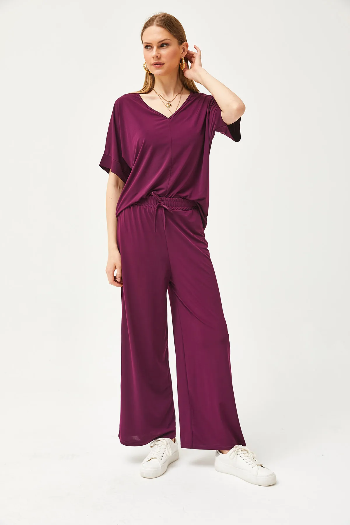 Olalook  Damen Pflaume Top Bluse Unterteil Palazzo Locker Strick Set TKM-19000267