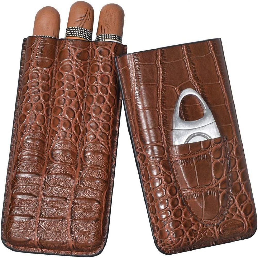 Devenirriche Humidor Zigarren Etui, 3 Tube Zigarren Humidor aus Krokodile Getreide Leder