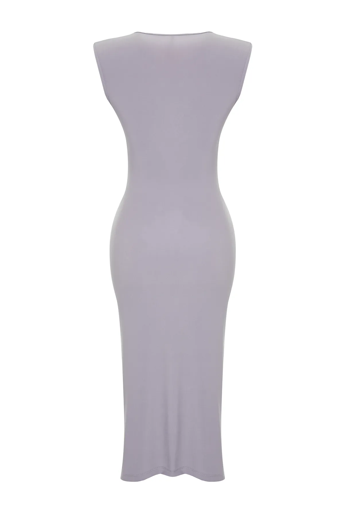 Trendyol Collection  Graues tailliertes/körperbetontes Midi-Bleistiftkleid aus flexiblem Strick mit Raffung TWOSS23EL00751