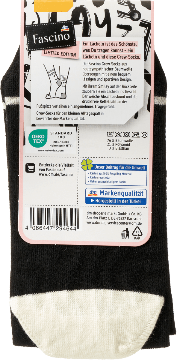 Crew Socken mit Smiley-Motiv schwarz Gr. 39-42, 1 St