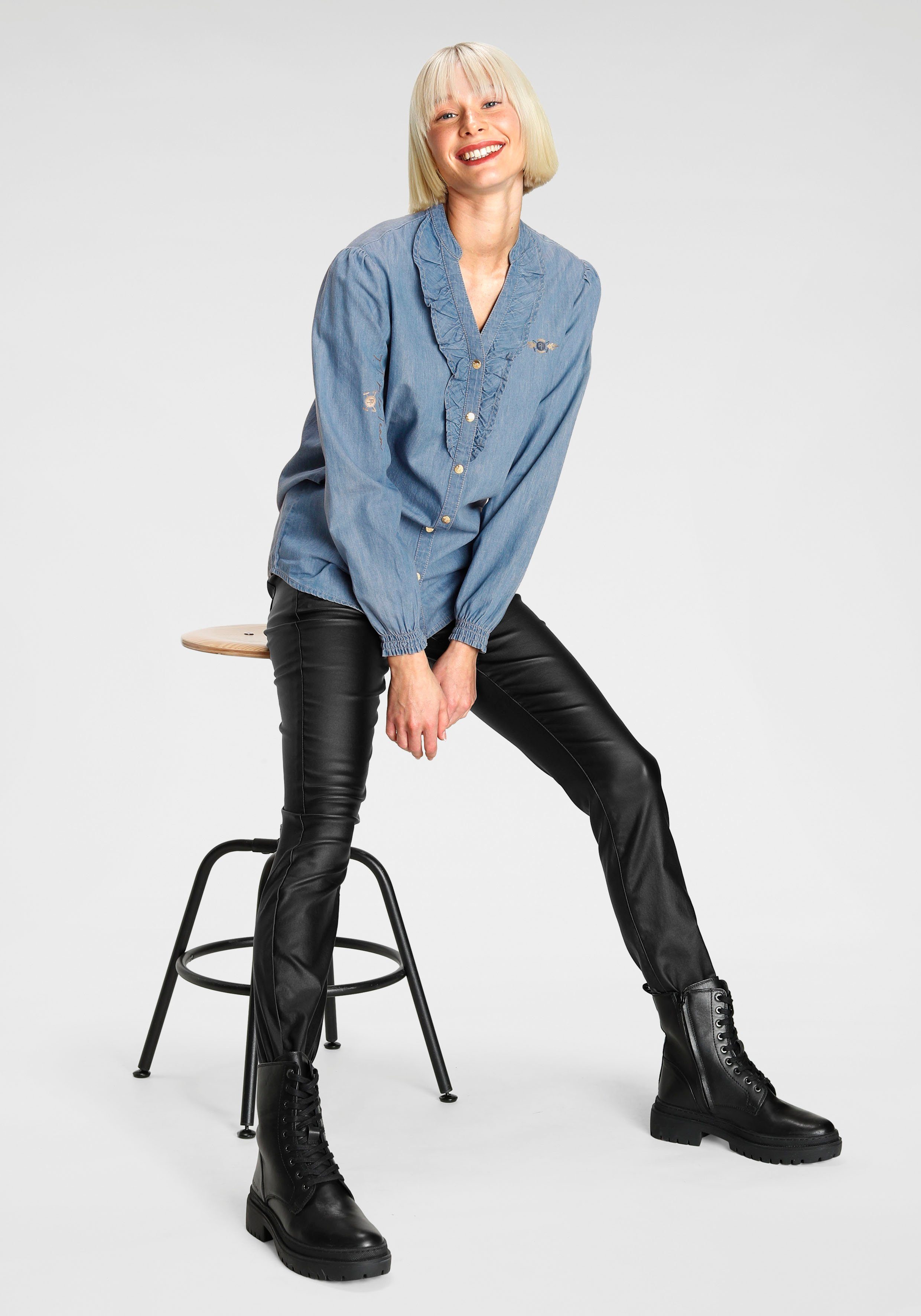 TOM TAILOR Polo Team Jeansbluse mit Rüschen an der Knopfleiste