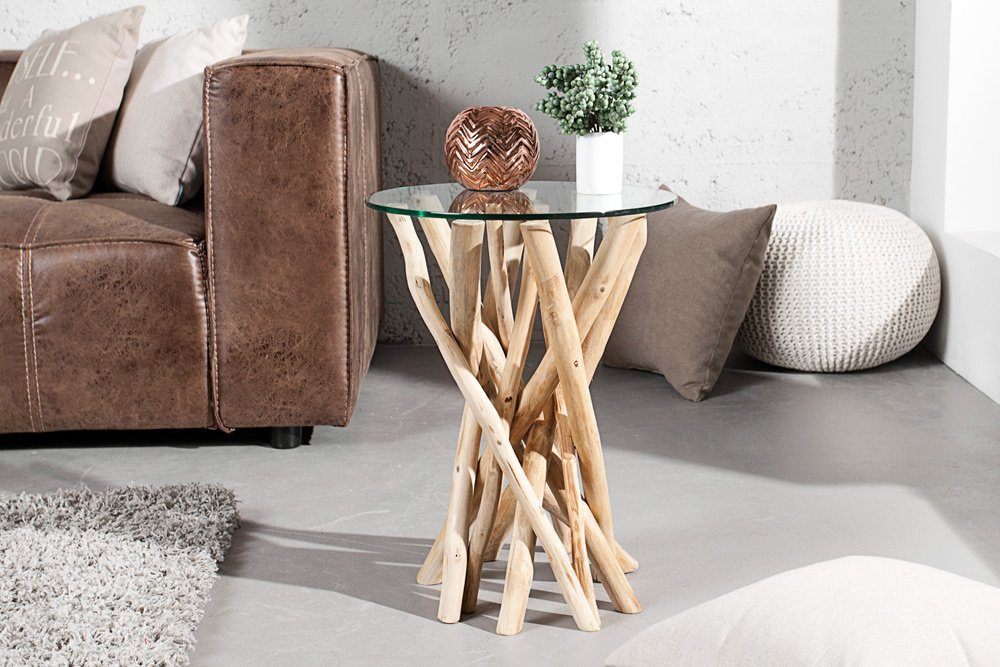 riess-ambiente Beistelltisch DRIFTWOOD 35cm natur / transparent, Massivholz · mit Glasplatte · rund · Handarbeit · Teakholz