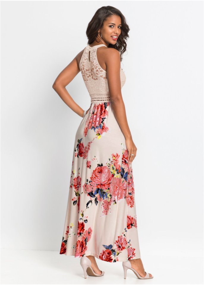 Sommer-Maxikleid mit Blumen-Print und Spitze