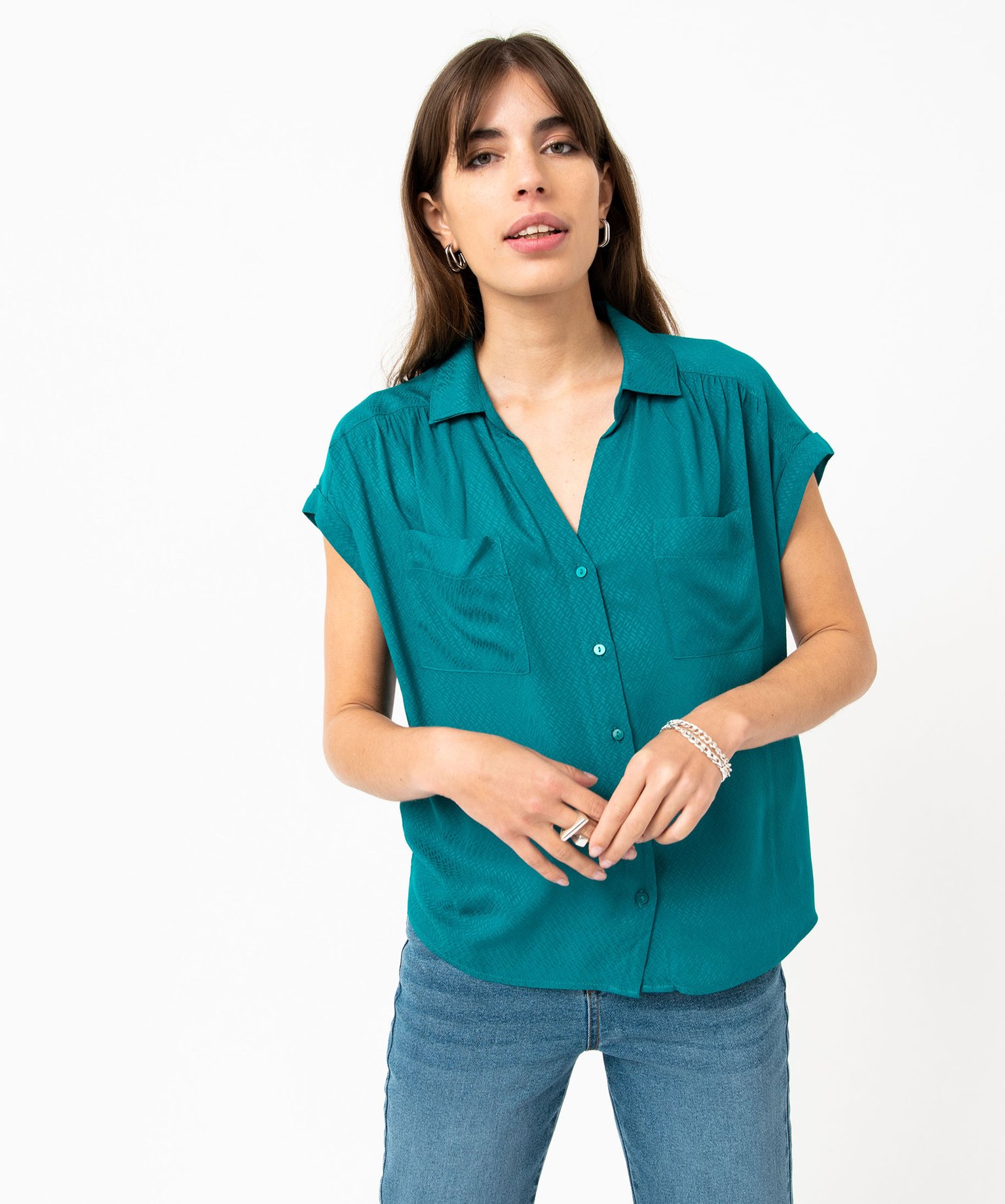 Chemise à manches courtes à reflets irisés femme bleu | GEMO