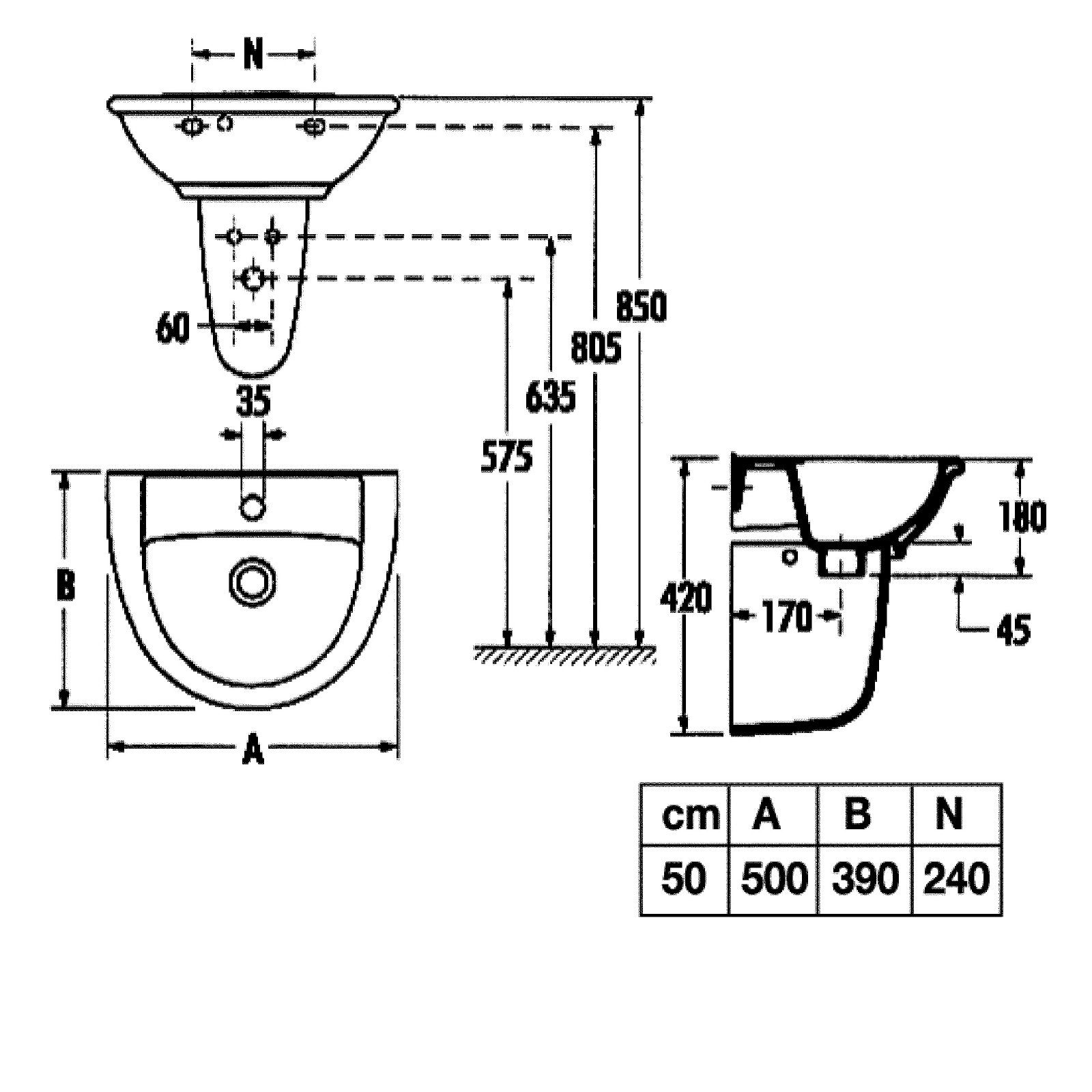 SANITOP WINGENROTH Waschbecken (Hänge-Waschtisch, 1-St), 50 cm, Handwaschbecken, Pergamon, Überlauf, Hahnloch mittig, 562621