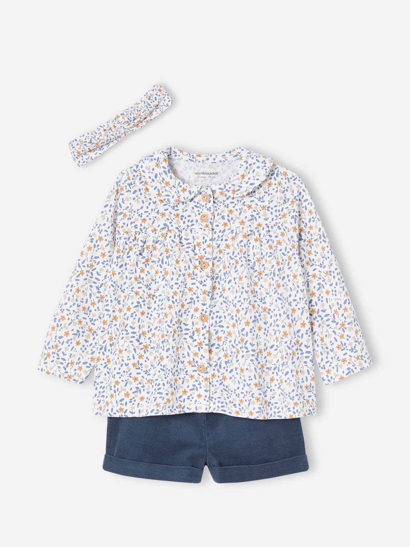 Ensemble 3 pièces bébé fille tee-shirt, short velours et bandeau vert foncé