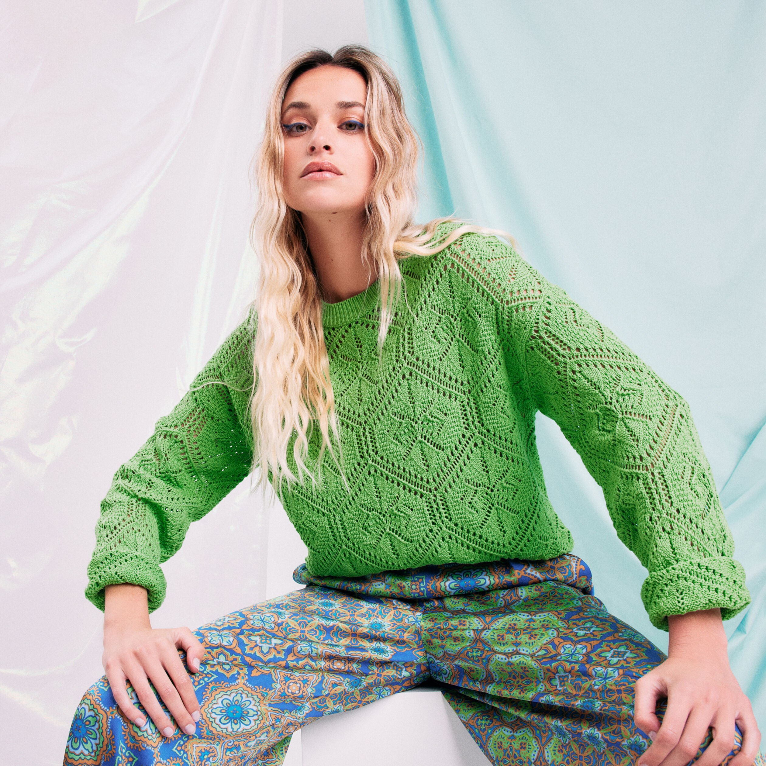 Pull ajouré col rond vert femme | Cache Cache