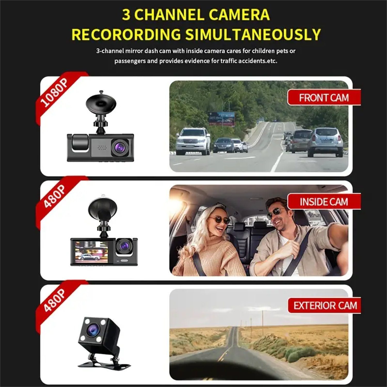 autolock 3-Kanal Dashcam vorne und hinten innen, 1080P Dashcam IR Nachtsicht Dashcam