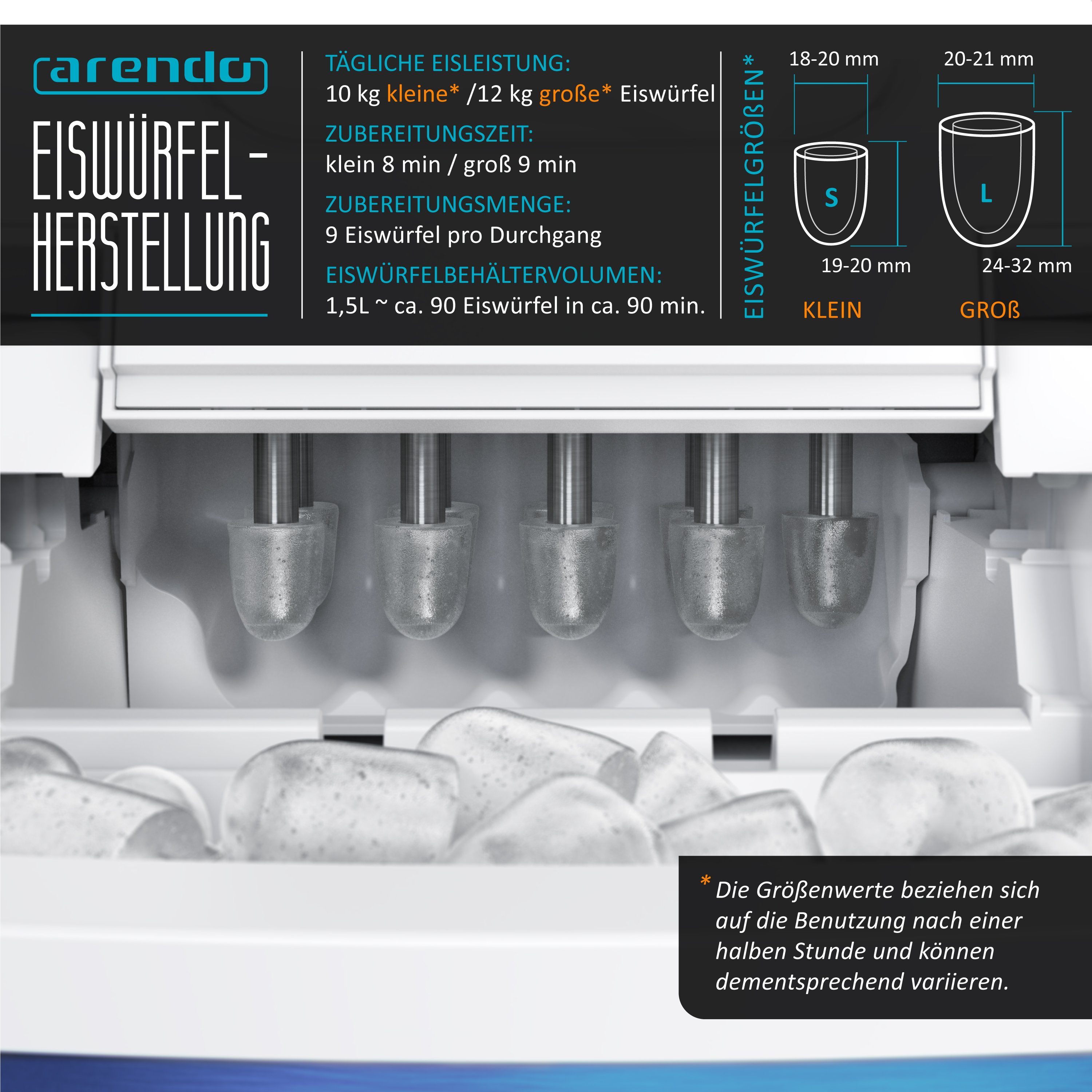 Arendo Eiswürfelmaschine, 120W mit 1,5L Behälter Eiswürfelbereiter, 9 Eiswürfel in 9 Minuten