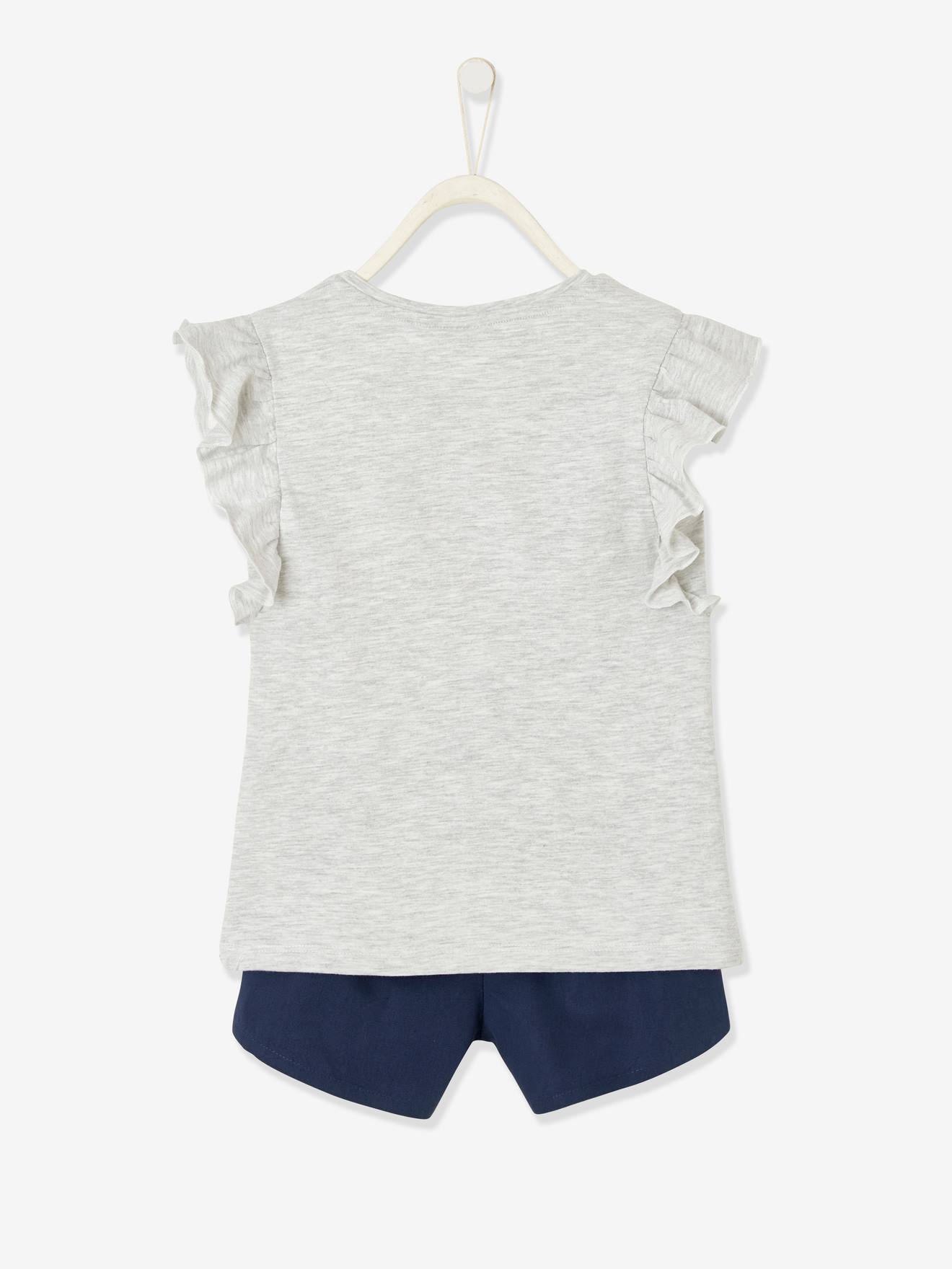 Ensemble fille T-shirt et short DS Minnie® gris chiné / bas twill bleu