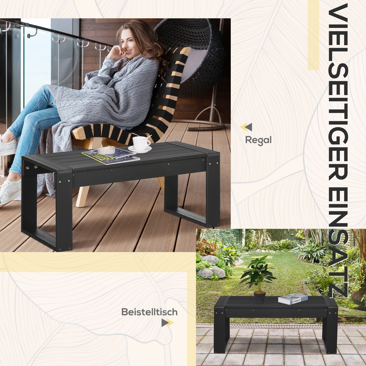 Outsunny Beistelltisch, Gartentisch, Couchtisch mit Holzoptik für Balkon