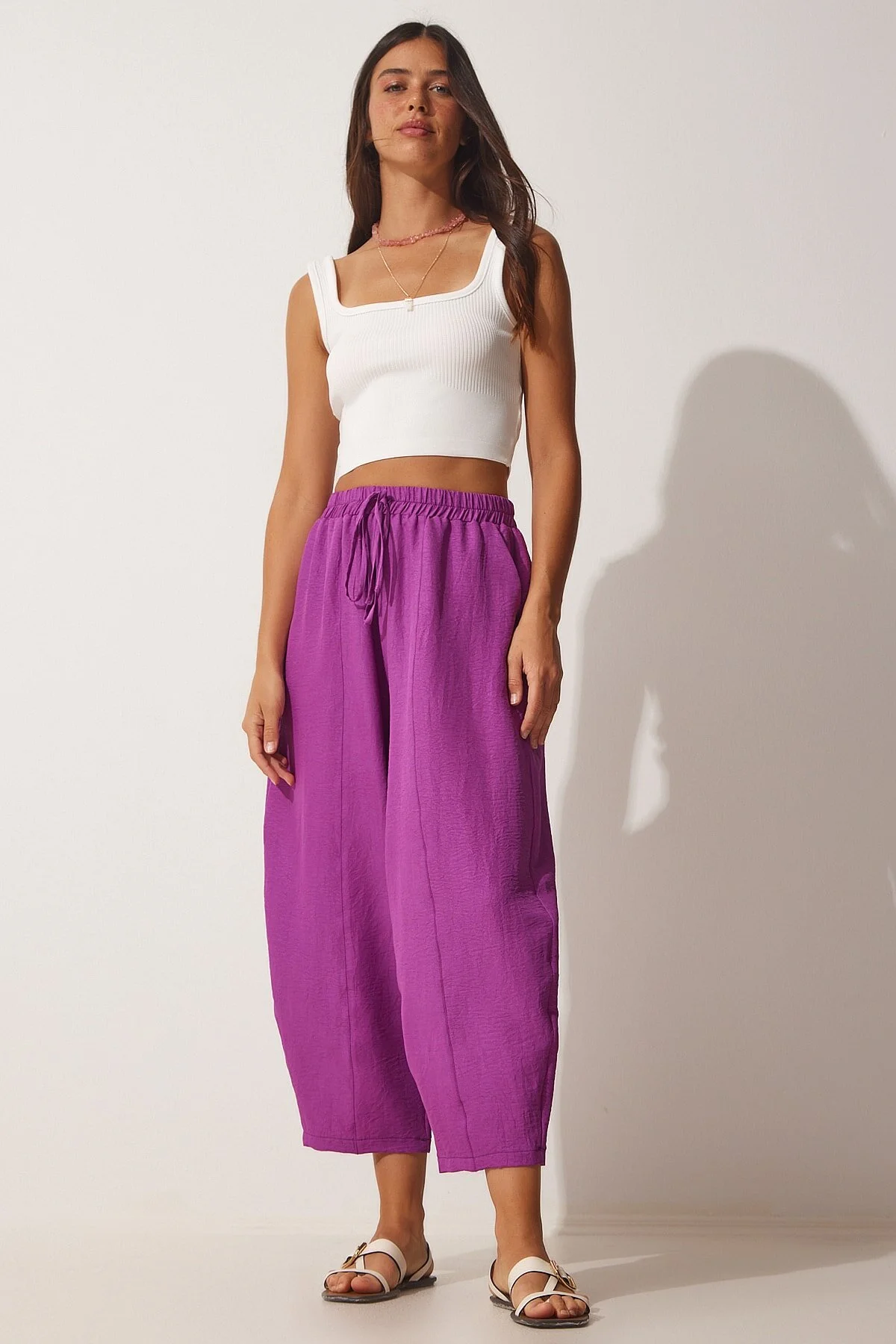 Happiness İstanbul  Pflaumenfarbene Ayrobin Shalwar-Hose für Damen mit Taschen OH00046