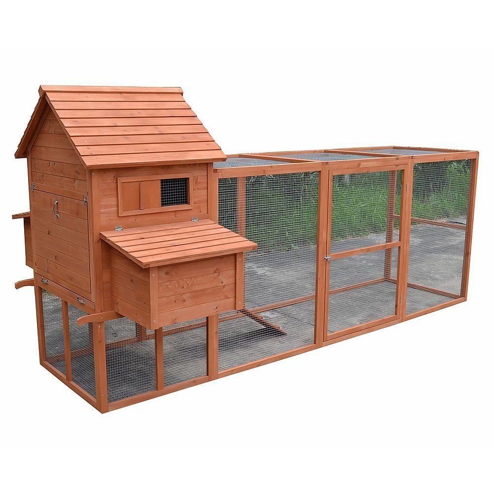 Melko Hühnerstall Geflügelstall Hasenstall Kaninchenkäfig Hühnerhaus XXL aus Holz in Braun mit Gitter, Türen, Freilauf und Überdachung für Hühner & Kleintiere, Freilauf