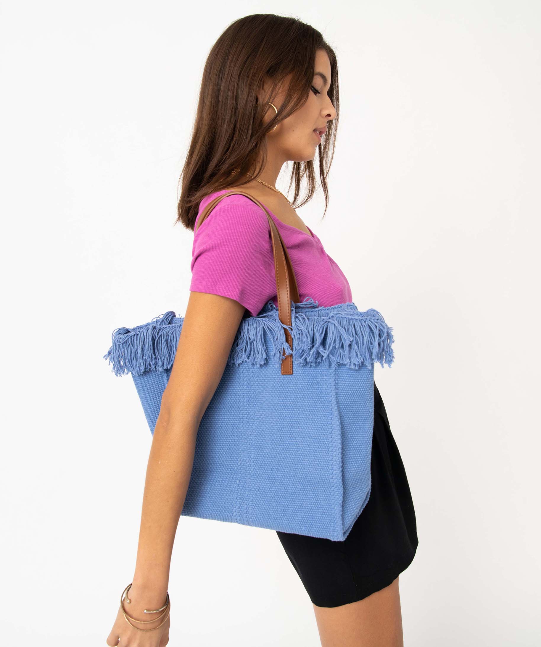 Sac femme en textile à franges grand format bleu | GEMO