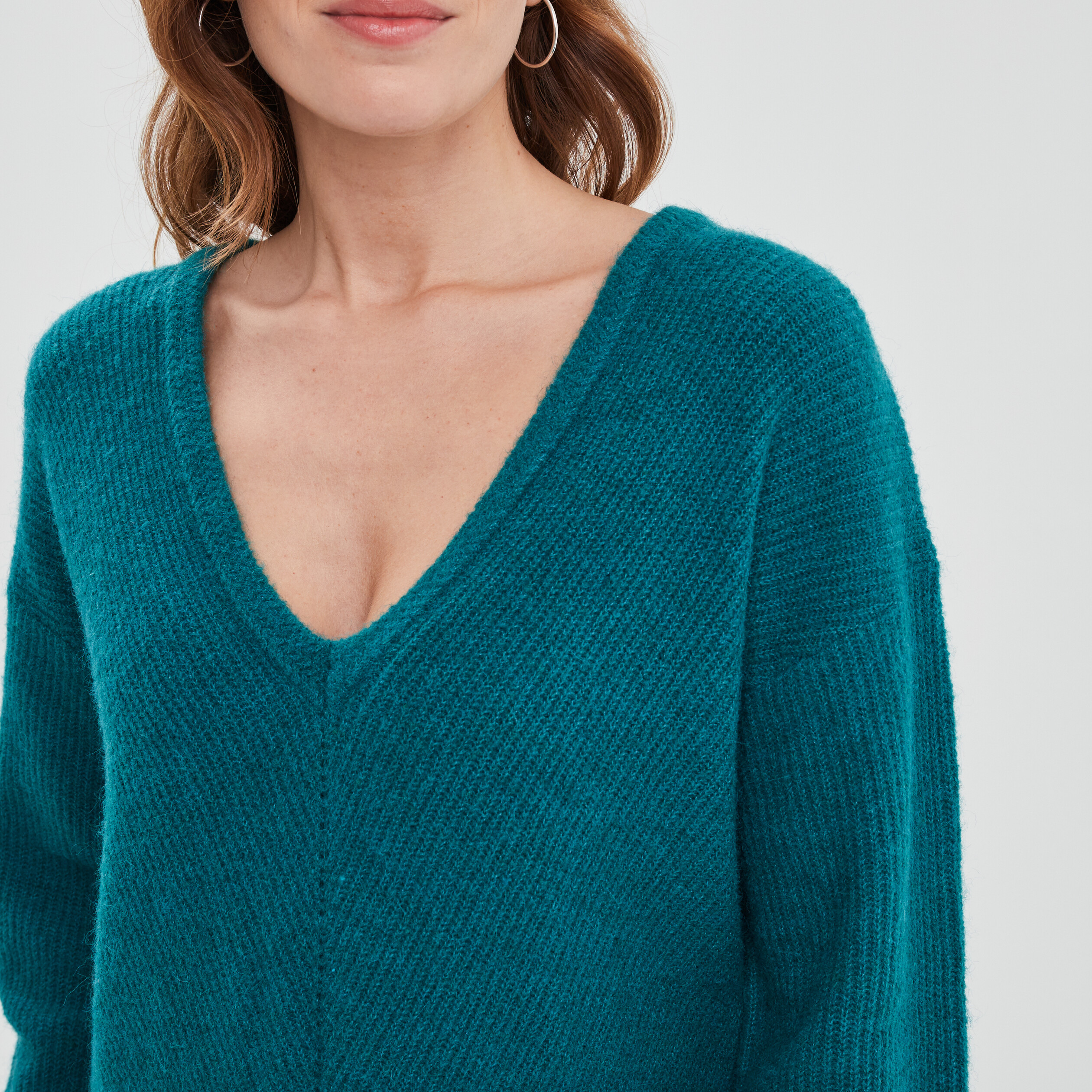 Pull réversible dos col en V bleu canard femme | La Halle