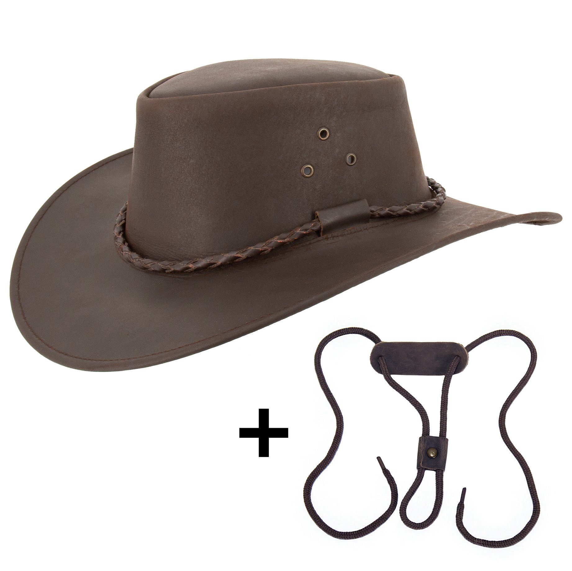 Outbacker Cowboyhut Outdoor Lederhut allwettertauglich mit Kinnband Australien Style Braun
