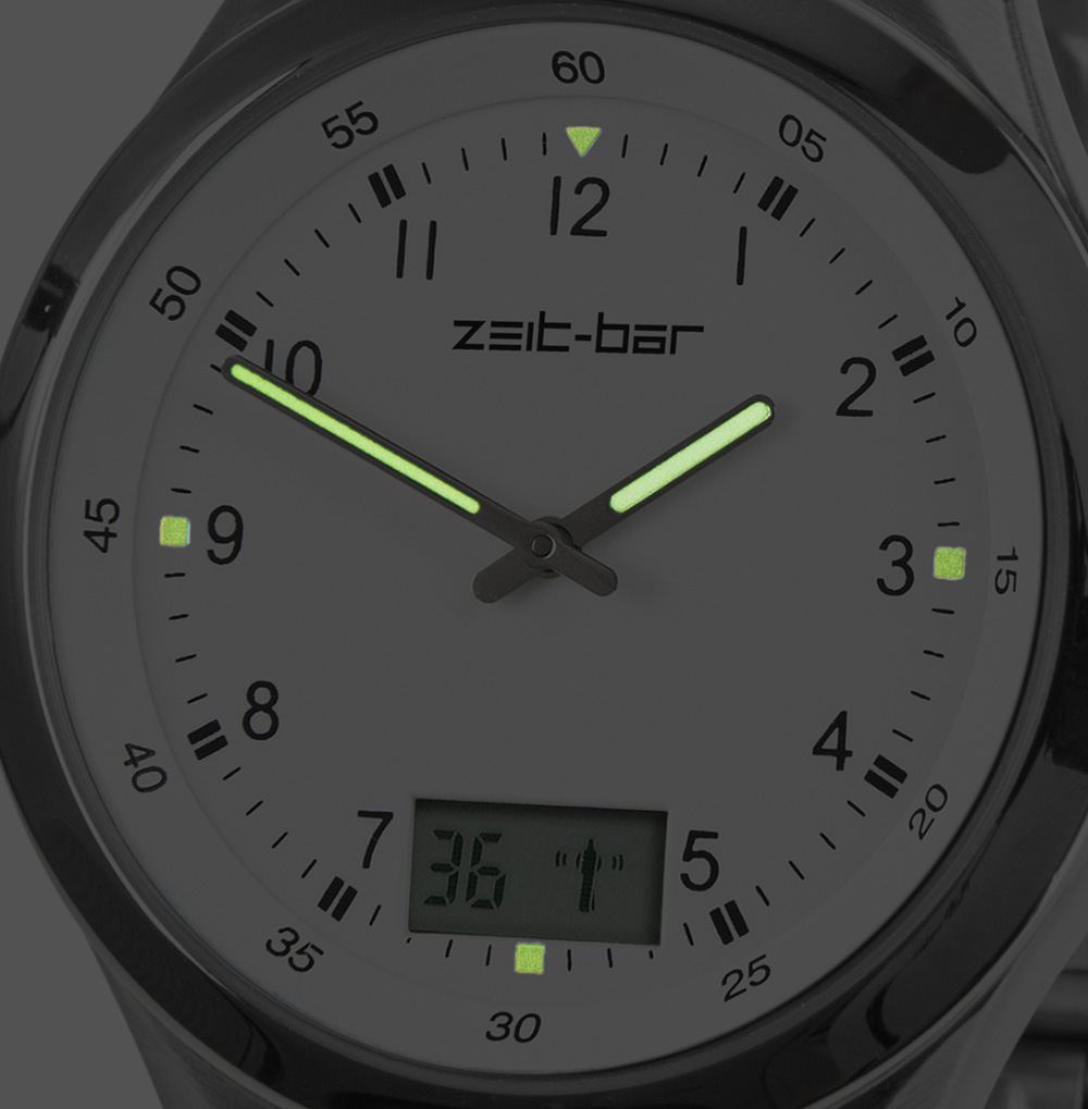 Zeit-Bar Funk-Armbanduhr mit Datums- und Sekundenanzeige, Edelstahl-Uhrband