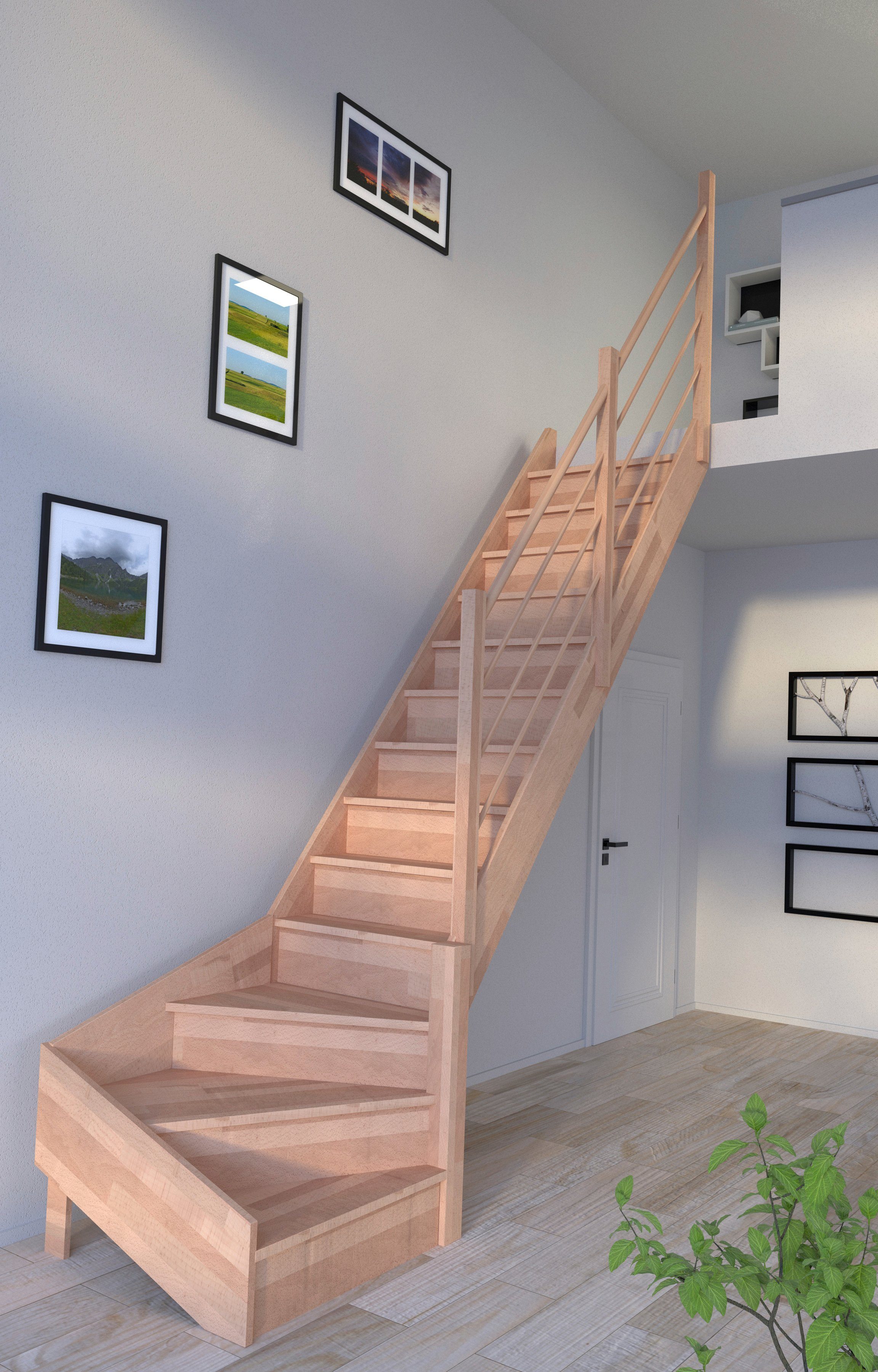 Starwood Raumspartreppe Massivholz Rhodos, Holz-Holz Design Geländer, für Geschosshöhen bis 300 cm, Stufen geschlossen, gewendelt Rechts, Durchgehende Wangenteile