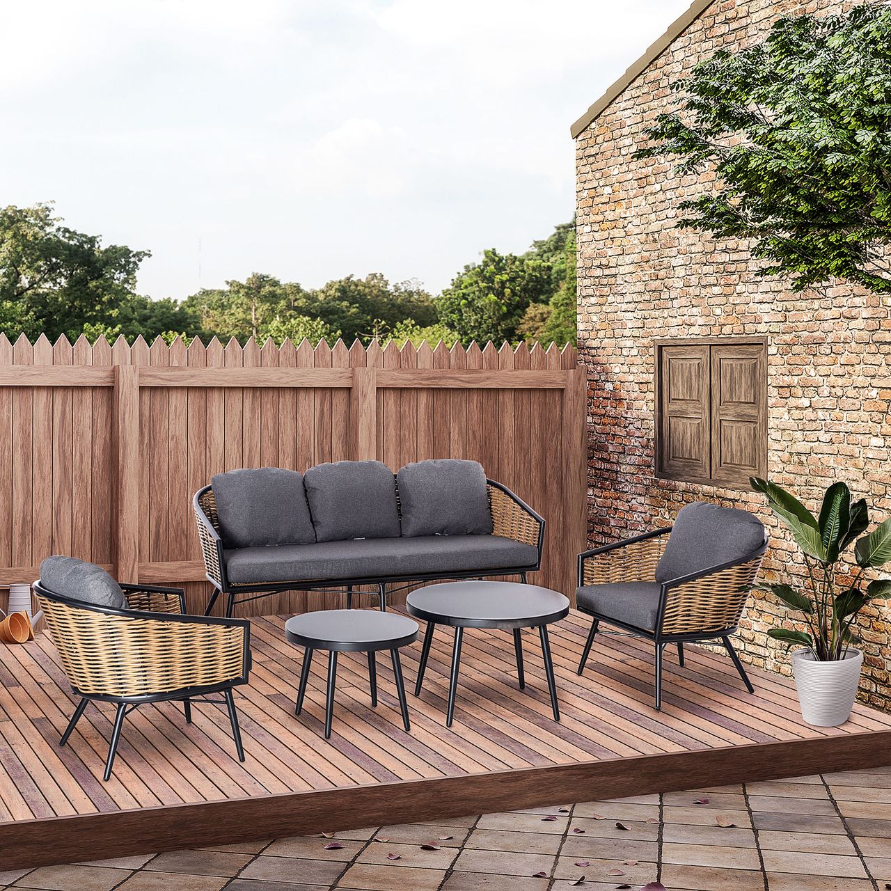 Outsunny Polyrattan Gartenmöbel Set 5-teiliges Rattensofa-Set Sitzgruppe Sitzgarnitur für Pause Lounge Teetisch mit Sofa Kissen Aluminium Natur