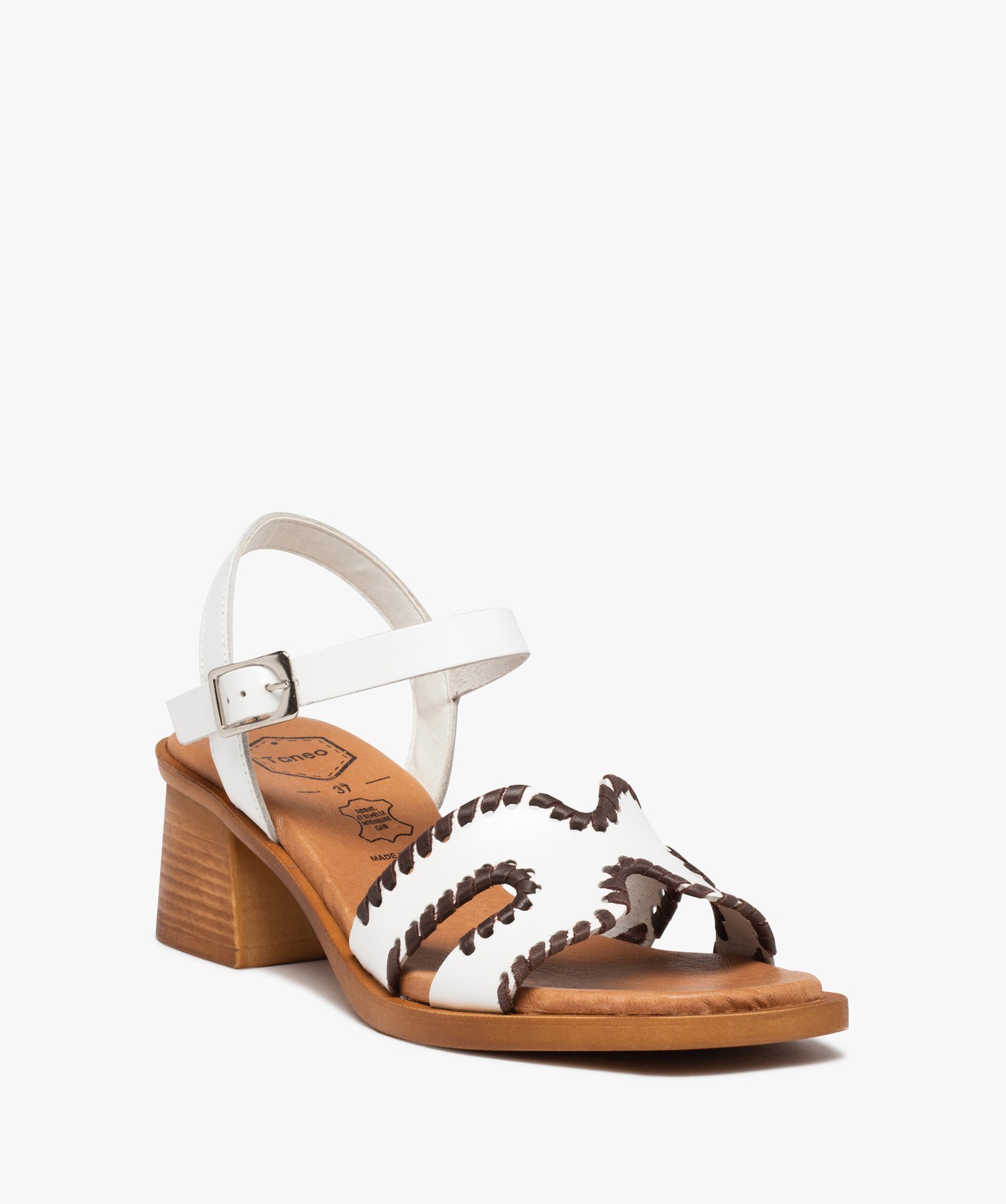 Sandales femme à talon carré dessus cuir uni - Tanéo blanc | GEMO