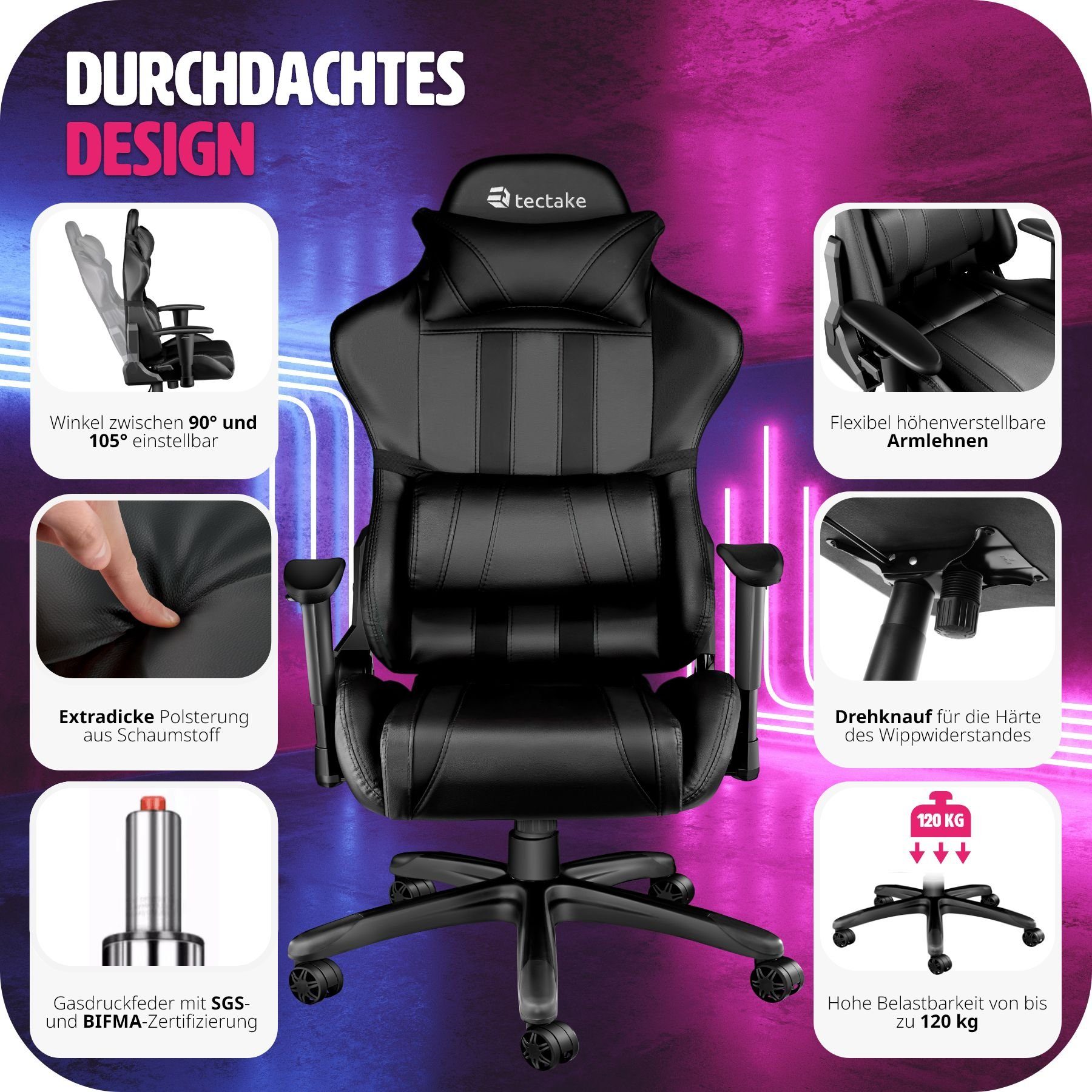 tectake Gaming-Stuhl Premium Racing Bürostuhl mit Streifen (1er, 1 St), Rückenlehne bis 105° verstellbar