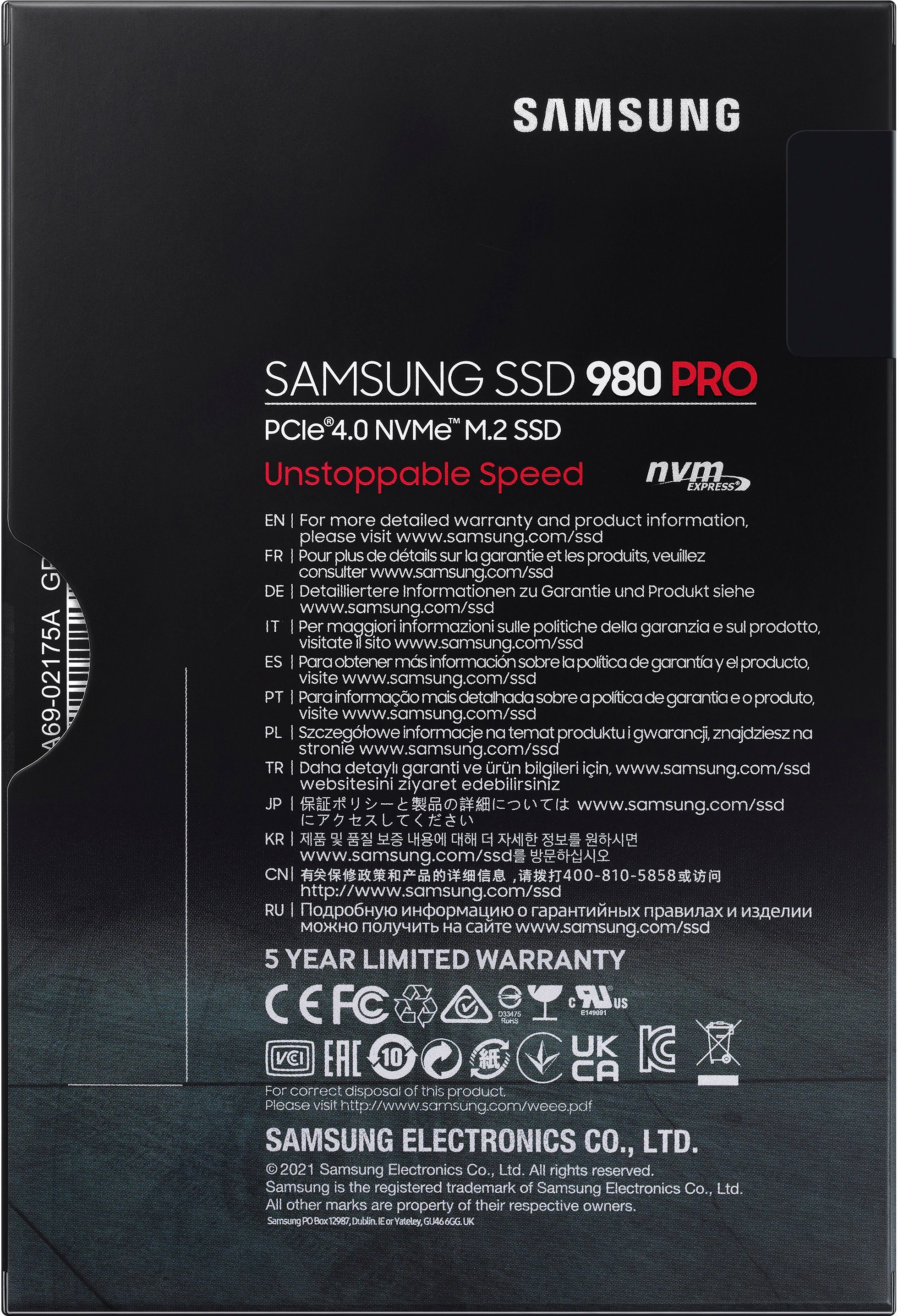 Samsung 980 PRO interne SSD (1 TB) 7000 MB/S Lesegeschwindigkeit, 5000 MB/S Schreibgeschwindigkeit, Playstation 5 kompatibel, PCIe® 4.0 NVMe™, M.2