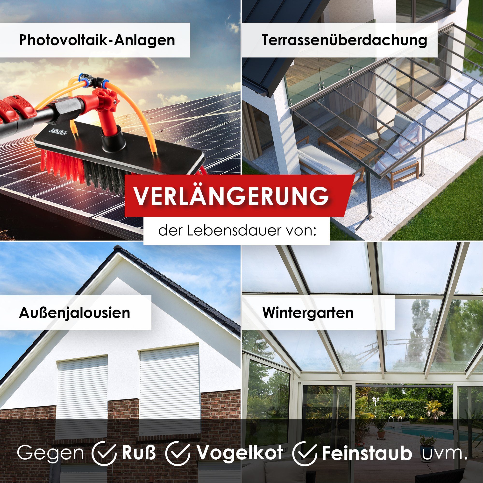 BoomDing Reinigungsbürste Teleskopstange mit Wasseranschluss 4,6 oder 7 Meter mit Bürste, Reinigung von, PV Anlage, Wintergarten, Terrasse, Solaranlage, Photovoltaik, (Solaranlage reinigen), Innenliegender Schlauch