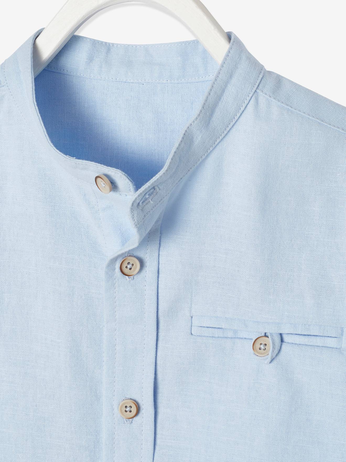 Chemise col Mao garçon en coton/ lin manches courtes blanc
