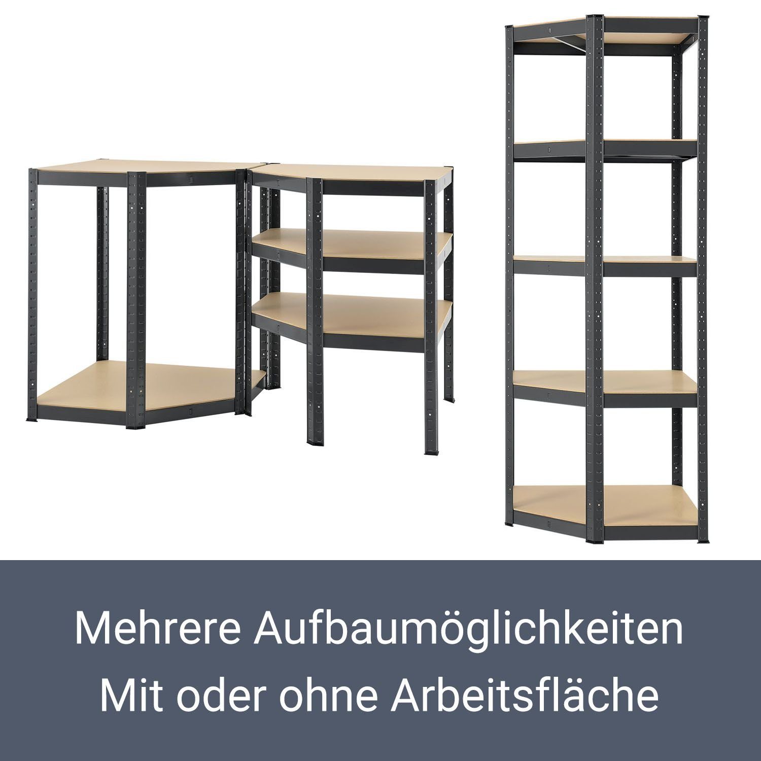 Juskys Eckregal Corner Basic, 5 Böden aus MDF-Holz, 175kg Traglast je Boden, Abstände frei wählbar