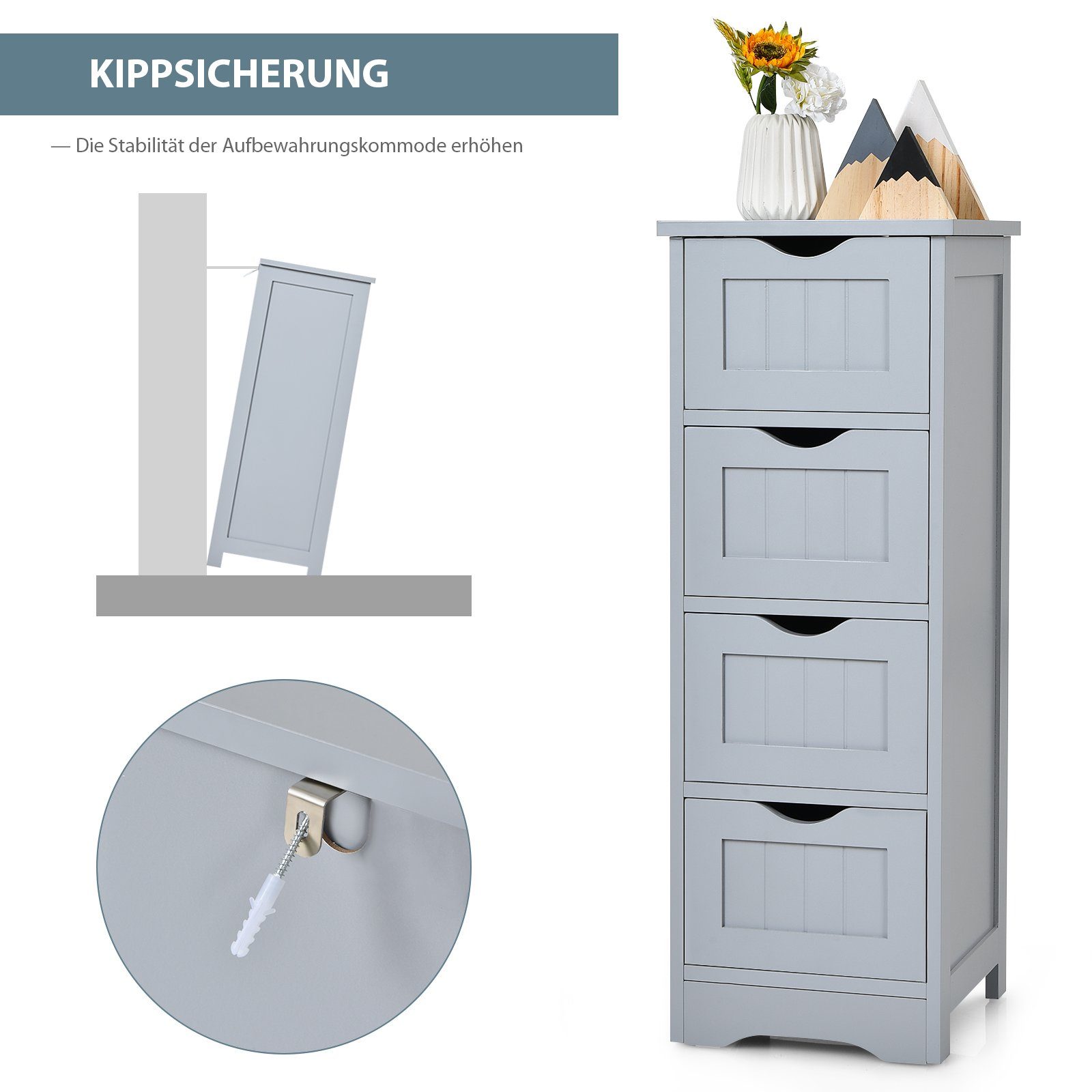 COSTWAY Badkommode Badezimmerschrank, mit 4 Schubladen, 82cm, Kippsicherung