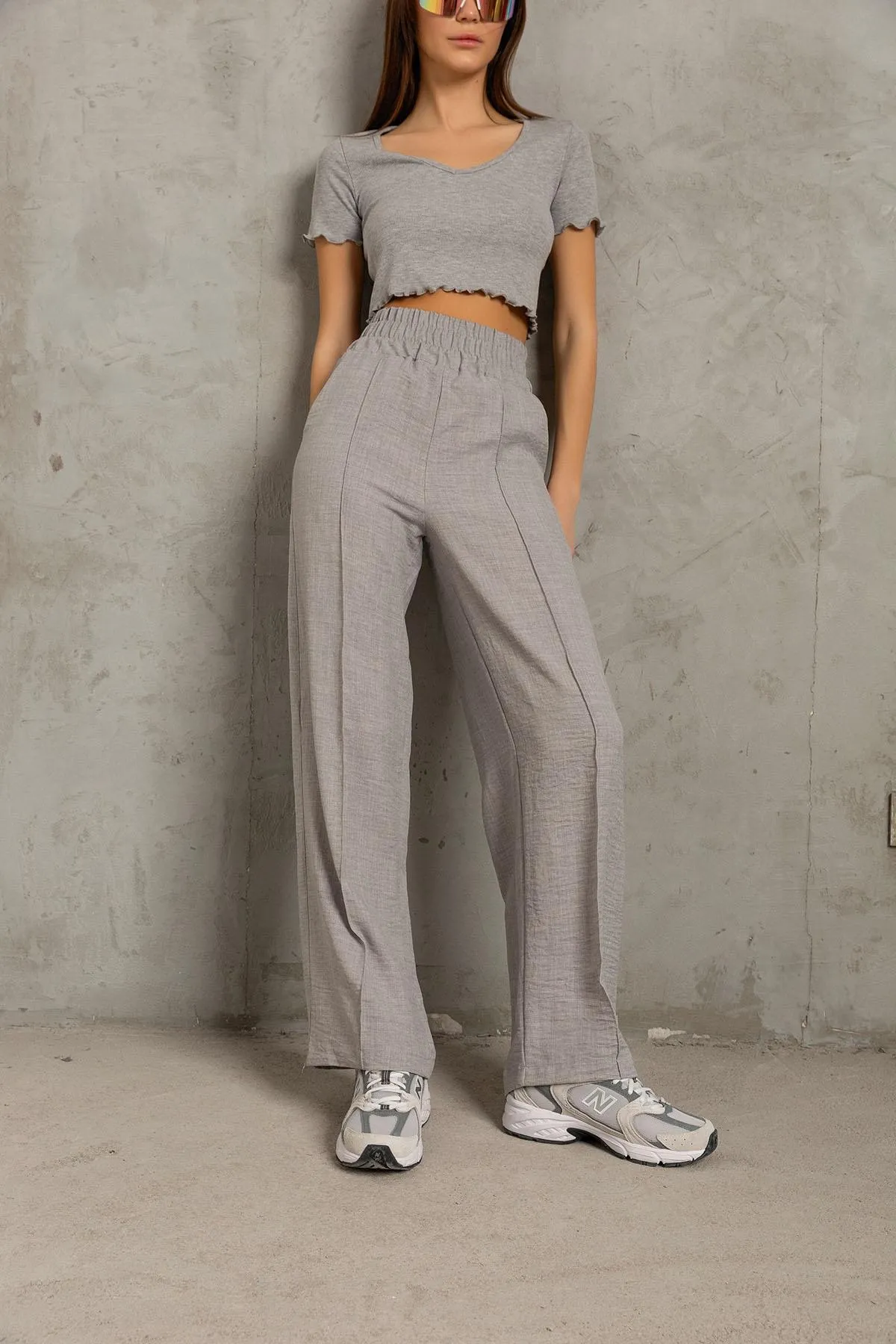 Domoda  Dekorative elastische Taille Weites Bein Doppeltasche Baumwolle Damenhose @Como