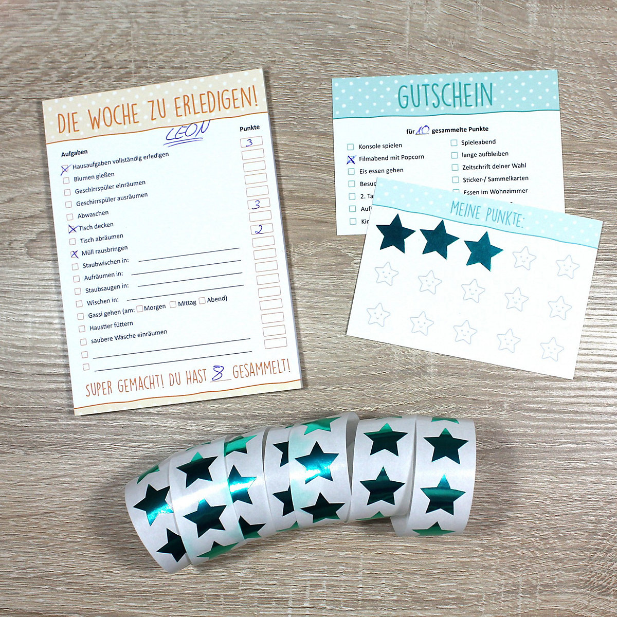 Papeterie Belohnungssystem für Kinder - 1 Block Aufgabenliste, 25 Gutscheine, 100 Belohnungssticker, 1 Booklet Geschenkpapier