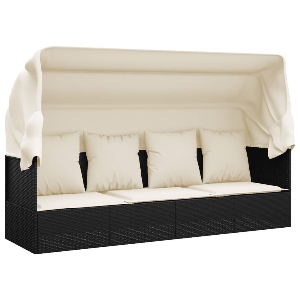 vidaXL Gartenliege Outdoor-Loungebett mit Dach und Kissen Schwarz Poly Rattan, 1 St.