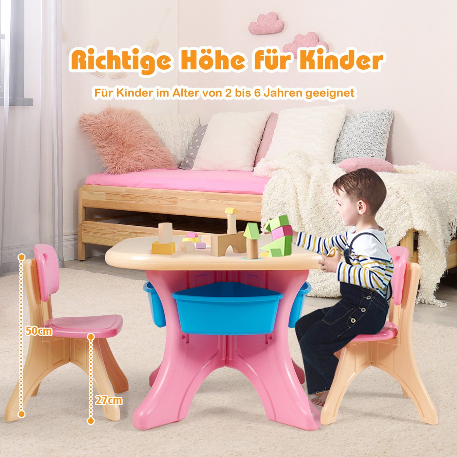 COSTWAY Kindersitzgruppe, mit 2 Stühlen&Kindertisch, mit Stauraum, Kunststoff