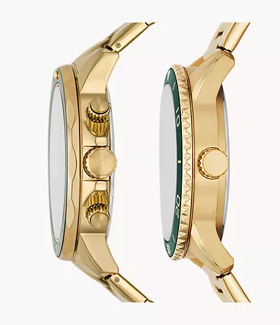 Fossil Outlet Set für Damen und Herren Uhr Multifunktionswerk Edelstahl goldfarben