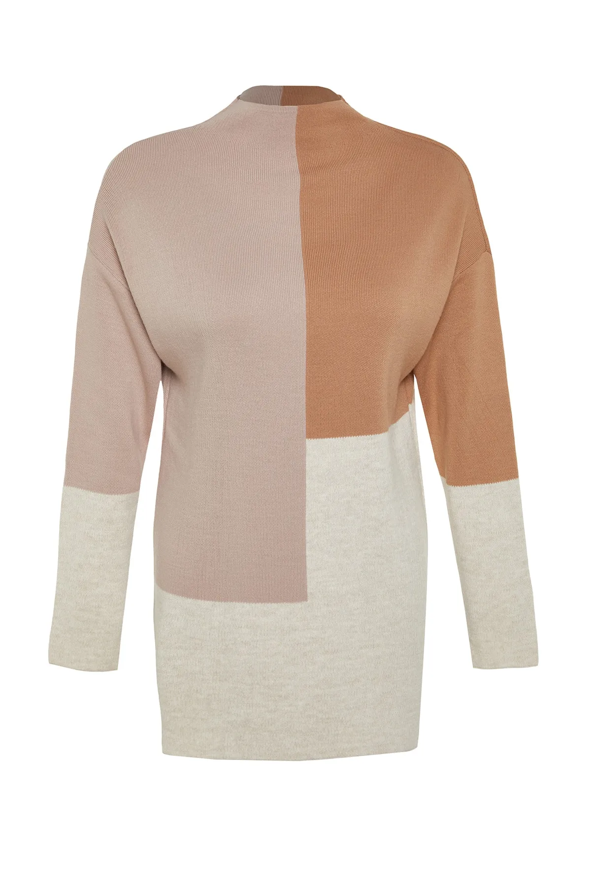 Trendyol Modest  Steinfarbener Strickpullover mit Stehkragen und Blockfarben TCTAW22AK0054